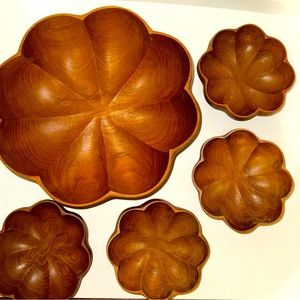 5 Piece Monkey Pod Wood Salad Serving Bowl Set Mid Century Scalloped